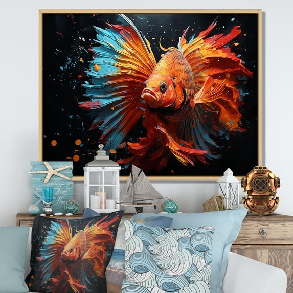 Designart "Ocean Dance of Orange Butterfly Fish II" Animals Framed Wall Art - Modern Orange Butterfly Fish Bedroom Framed Canvas Wall Art