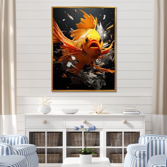 Designart "Ocean Dance of Orange Butterfly Fish III" Animals Framed Wall Art - Modern Orange Butterfly Fish Hallway Framed Wall Art Decor