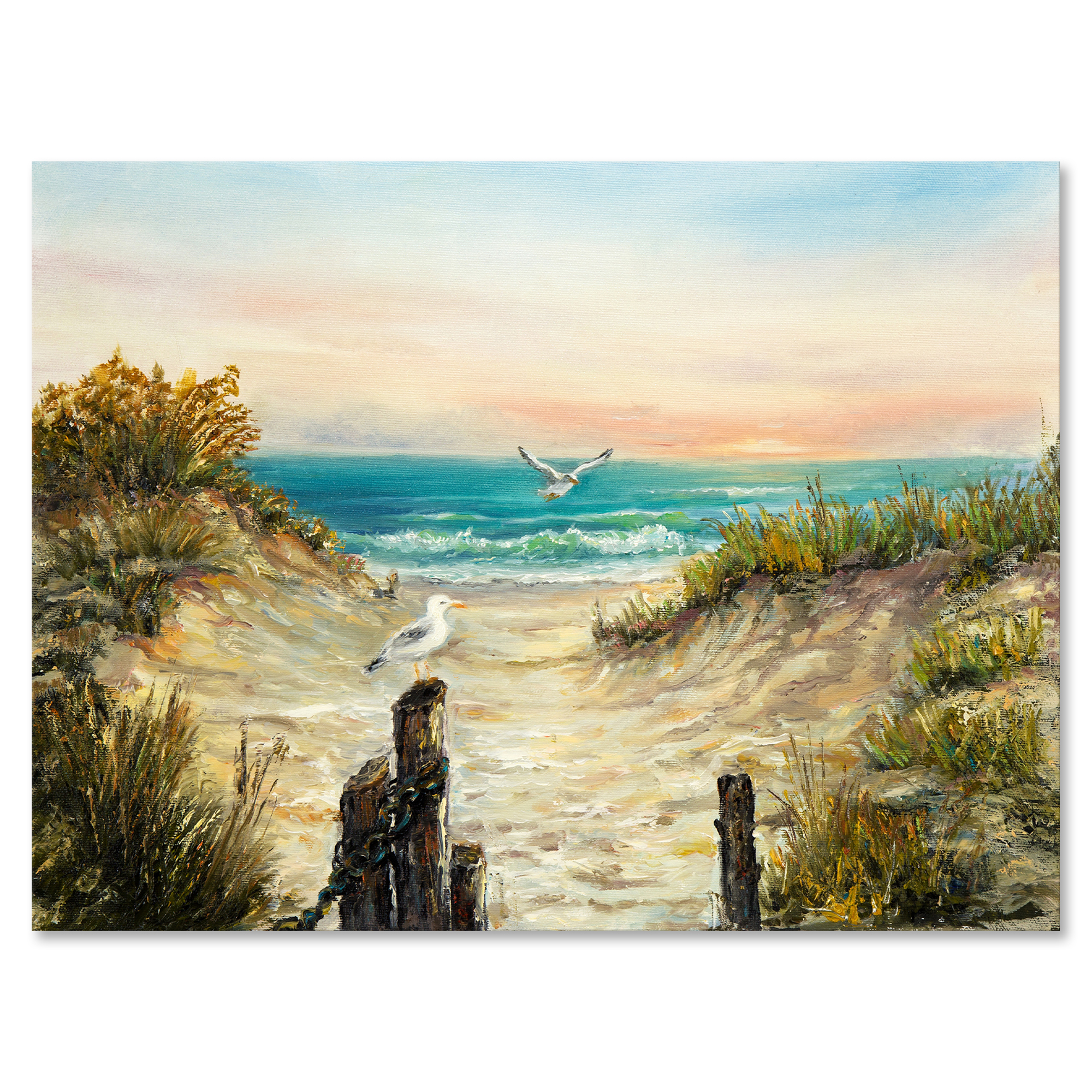 Designart ' Ocean Dunes During Pink Sinset on Beach ' Nautical & Coastal Canvas Wall Art Print