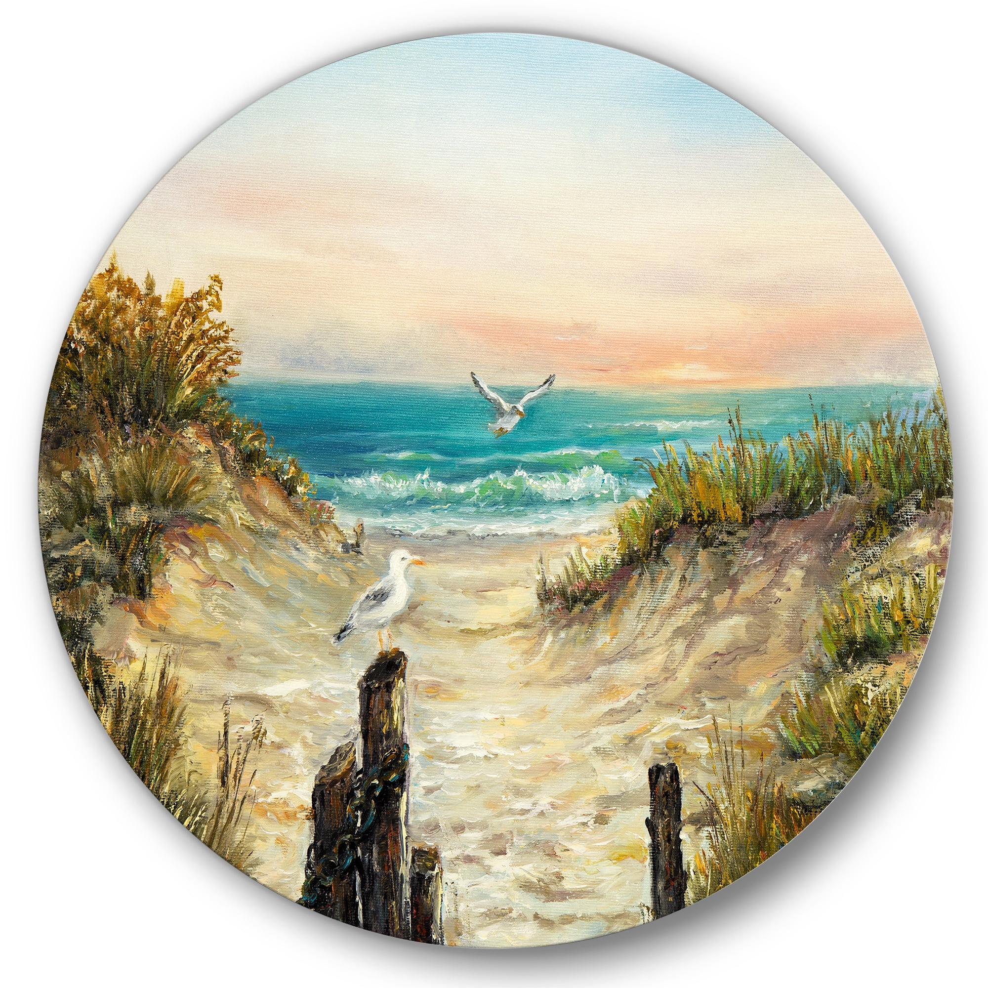 Designart 'Ocean Dunes During Pink Sinset on Beach' Nautical & Coastal Circle Metal Wall Art 23x23 - Disc of 23