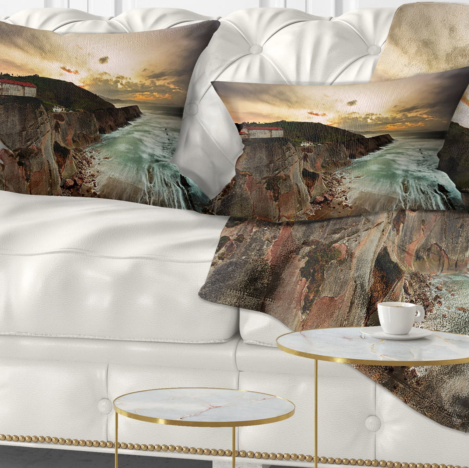 Designart Ocean Hitting Rocky Hill - Seashore Photo Throw Pillow - 12x20