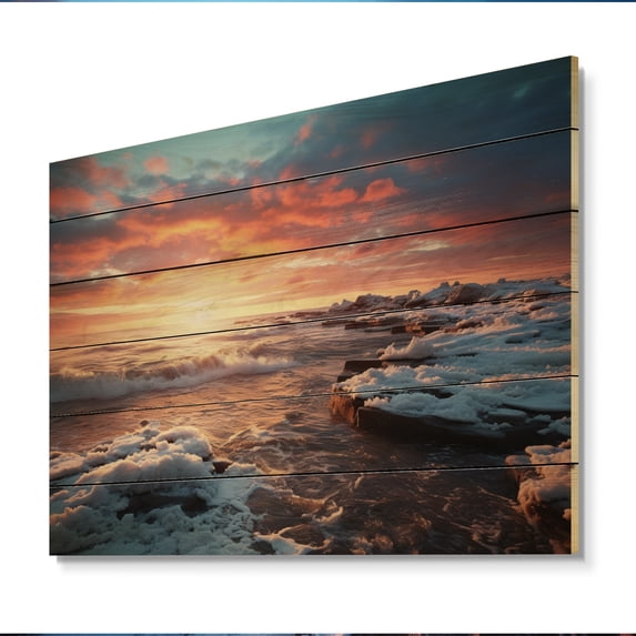 Designart "Ocean Horizons at Sunrise Peach Tones I" Nautical & Beach Print on Natural Pine Wood