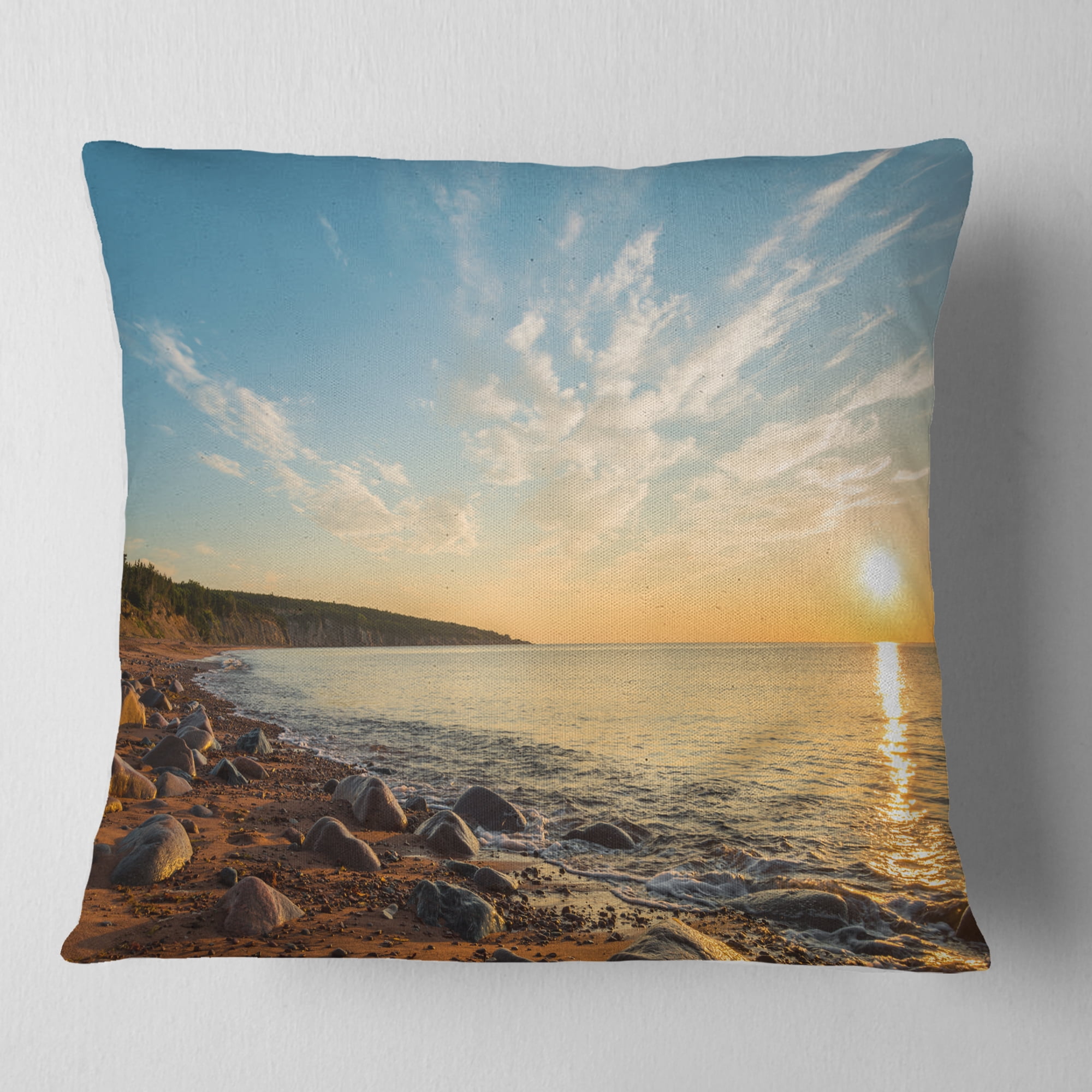 Designart Ocean Shore at Sunrise with Rocks - Modern Seascape Throw Pillow - 16x16