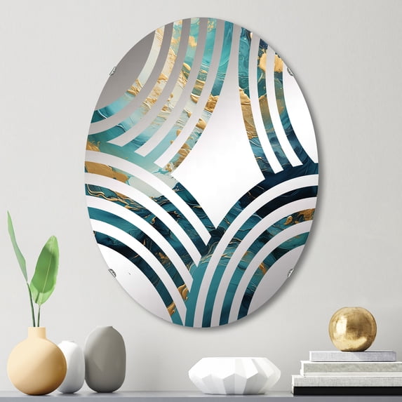 Designart "Ocean Spiral in Gold and Teal II" Abstract Spirals Baptist Fan Round Wall Mirror - Abstract Oval Printed Decorative Mirror - Multiple Color Options