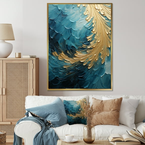 Designart "Ocean Spiral In Gold And Teal I" Abstract Spirals Floater Framed Wall Art Living Room