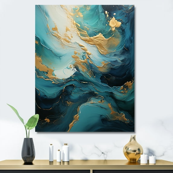Designart "Ocean Spiral In Gold And Teal II" Abstract Spirals Canvas Wall Art