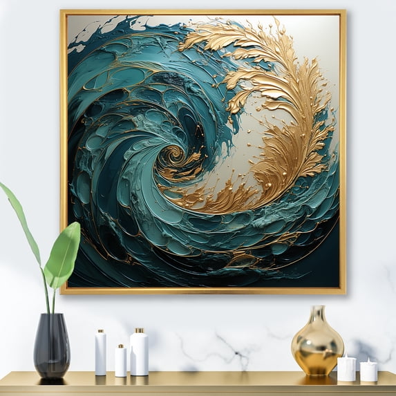 Designart "Ocean Spiral In Gold And Teal V" Abstract Spirals Floater Framed Canvas Art Print