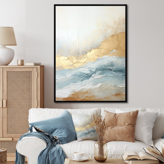 Designart "Ocean Storm In Beige, Blue, And Gold" Abstract Shapes Floater Framed Canvas Prints