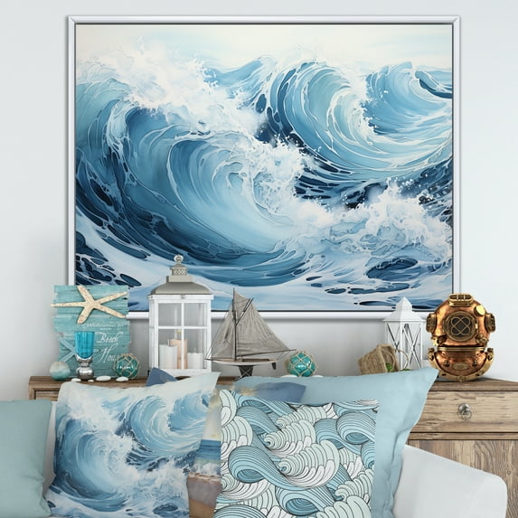 Designart "Ocean Storm In Minimalist Style" Ocean Floater Framed Wall Art Living Room