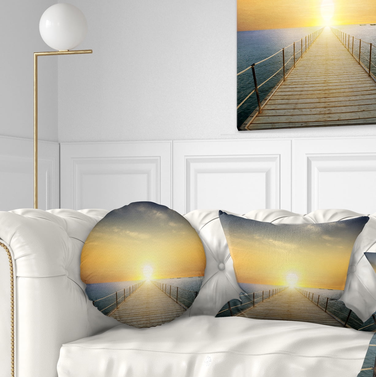 Designart Ocean Sunset with Pier - Seascape Throw Pillow - 12x20