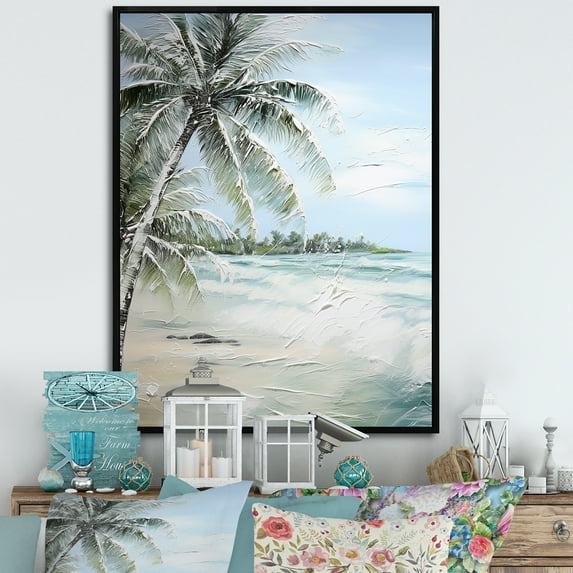 Designart "Ocean View Paradise With Palm Tree" Palms & Palm Trees Floater Framed Canvas Art Print