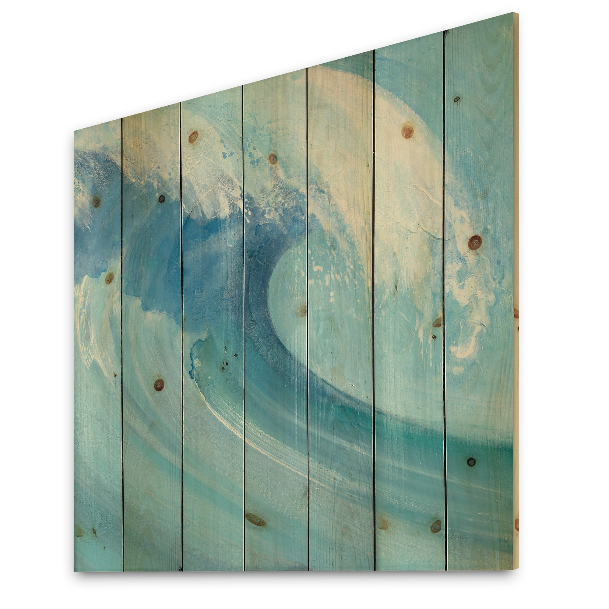 Designart Ocean Wave Hand painted with White Foam Nautical & Coastal Print on Natural Pine Wood Art Print, 16" x 16"