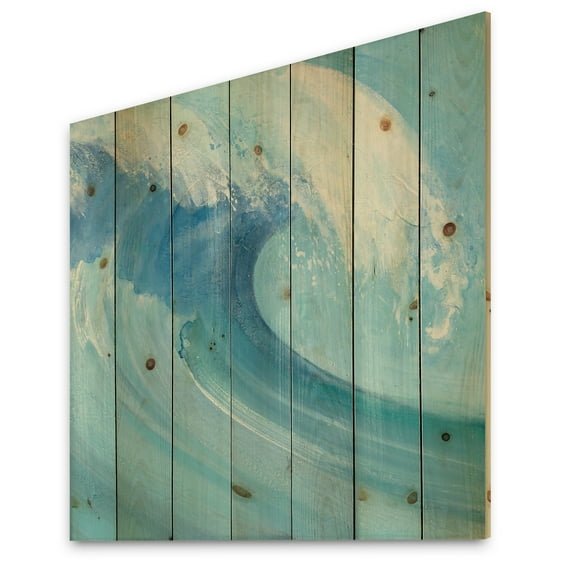 Designart 'Ocean Wave Handpainted with White Foam' Nautical & Coastal Print on Natural Pine Wood