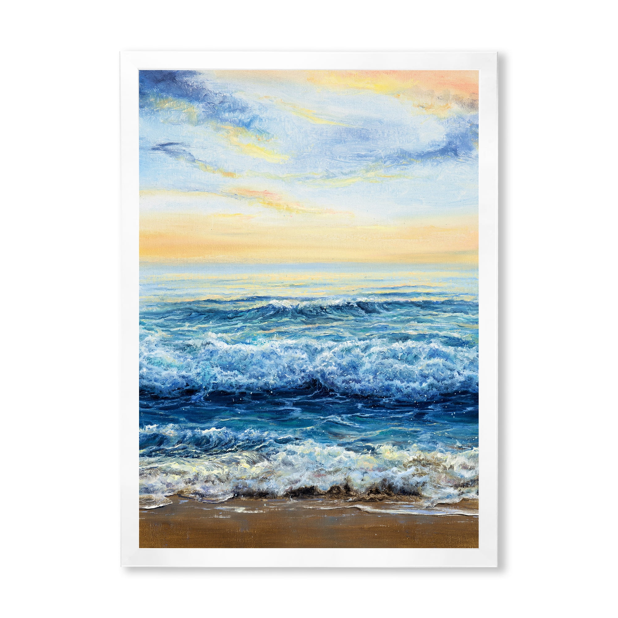 Designart 'Ocean Waves At Sunrise' Nautical & Coastal Framed Art Print