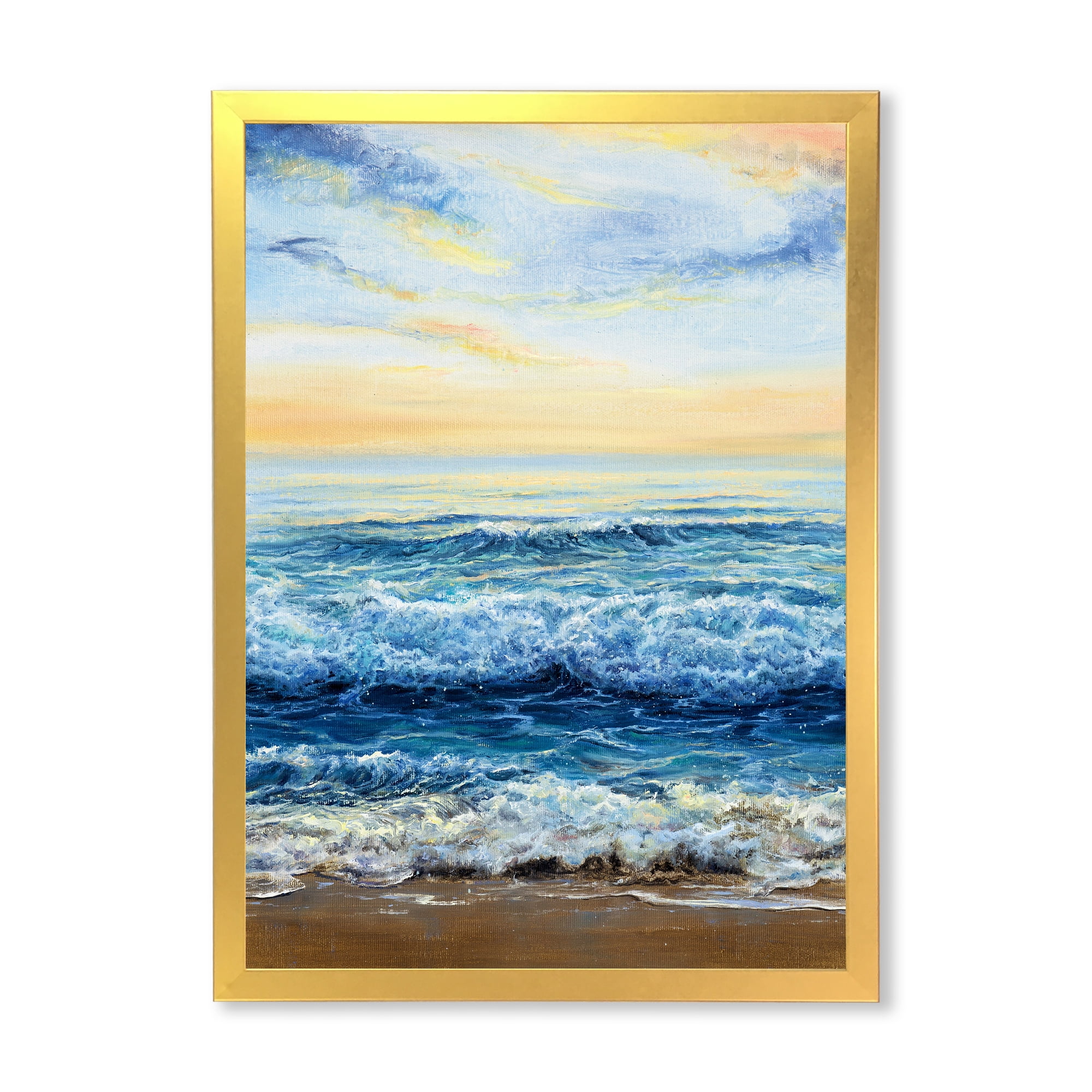 Designart 'Ocean Waves At Sunrise' Nautical & Coastal Framed Art Print