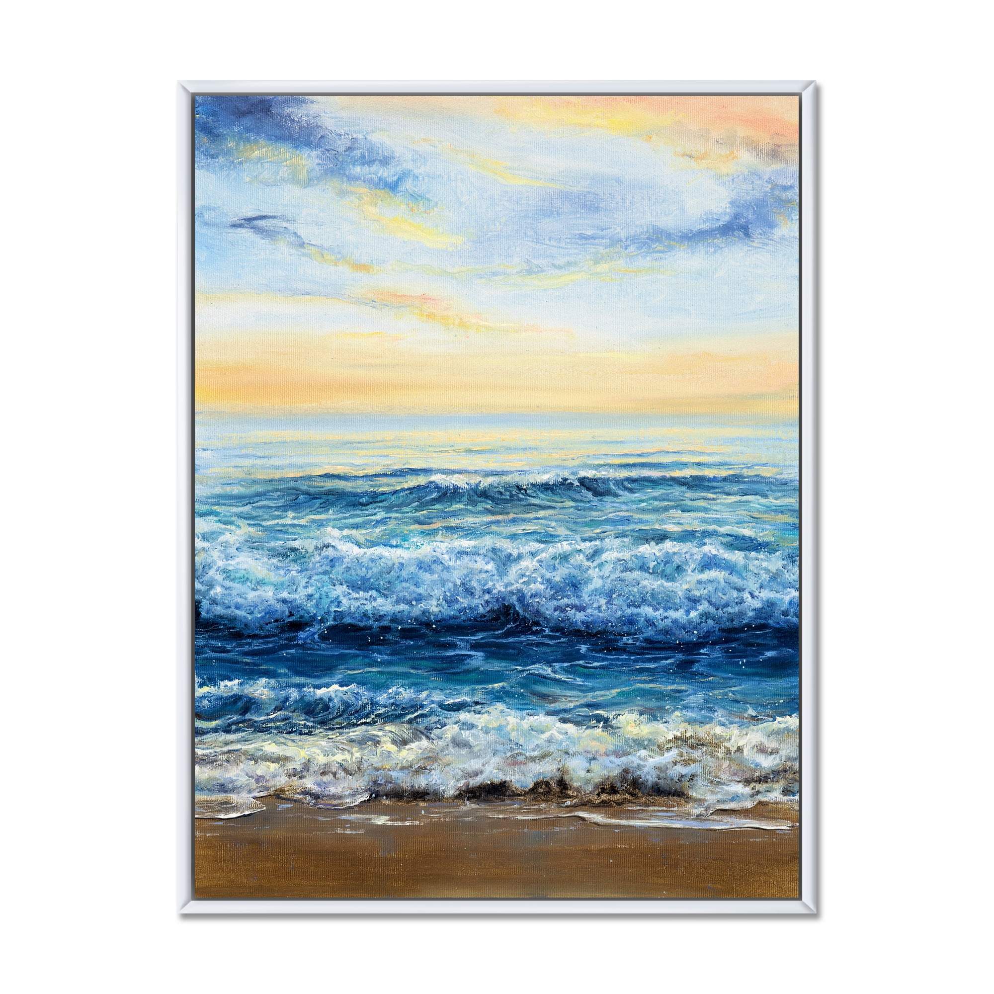 Designart 'Ocean Waves At Sunrise' Nautical & Coastal Framed Canvas Wall Art Print