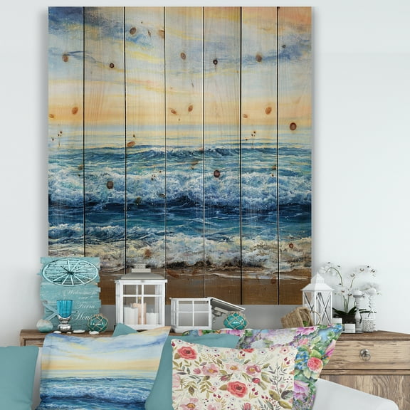 Designart 'Ocean Waves At Sunrise' Nautical & Coastal Print on Natural Pine Wood