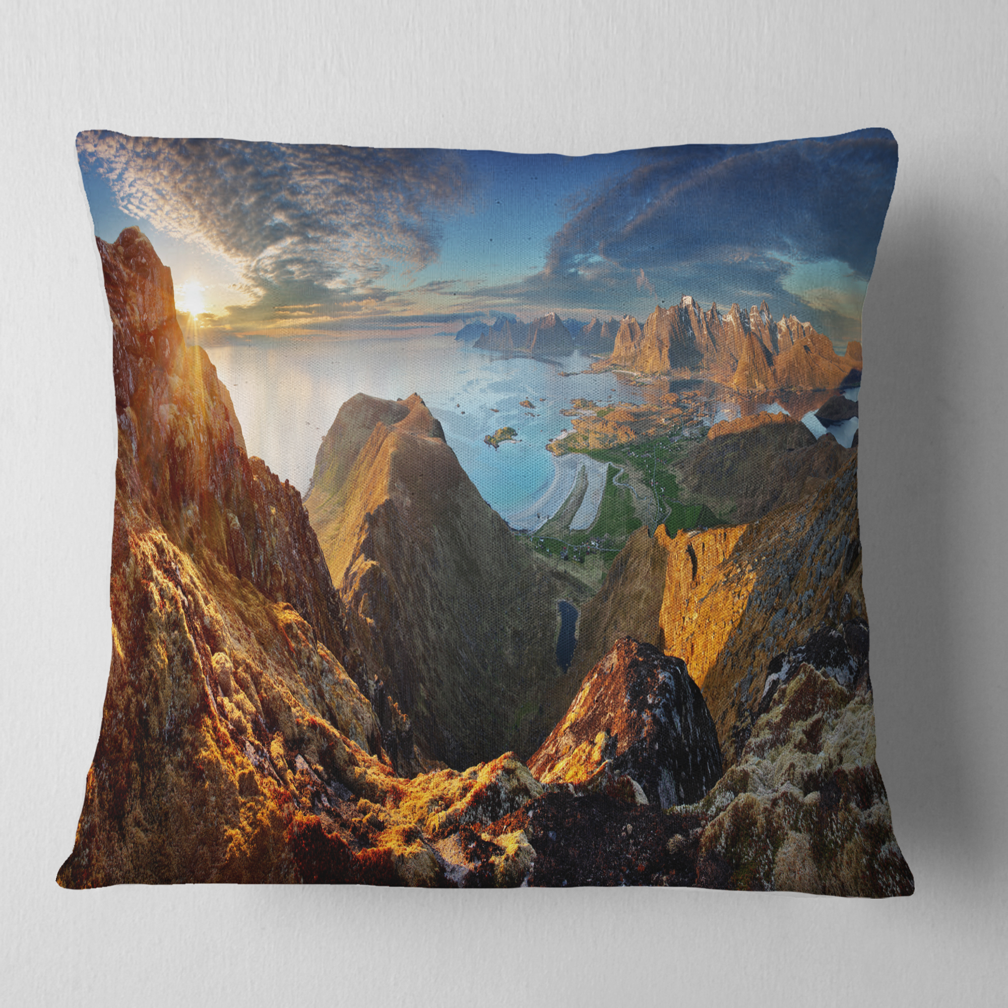Designart Ocean and Mountains Panorama - Landscape Printed Throw Pillow - 16x16