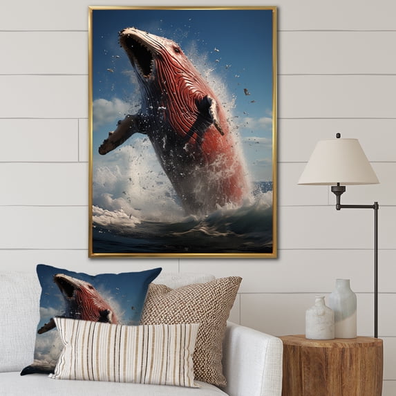 Designart "Ocean s Spectacle Coastal Whale Watching II" Animals Floater Framed Canvas Art Print
