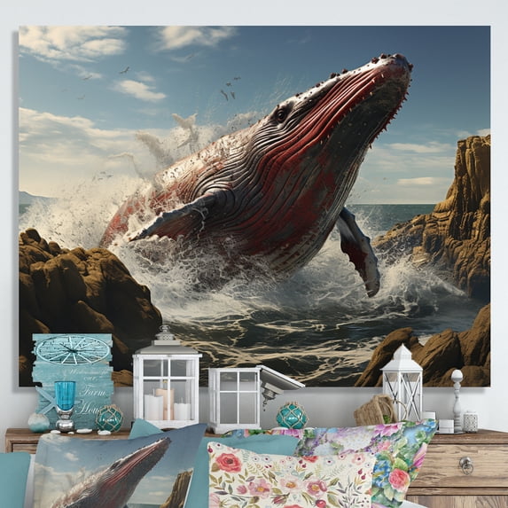 Designart "Ocean s Spectacle Coastal Whale Watching III" Animals Canvas Print