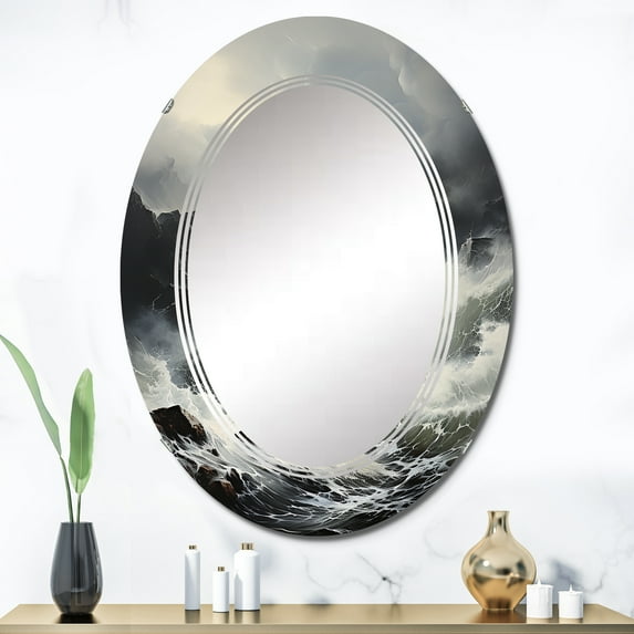 Designart "Ocean s Stormy Horizon" Nautical & Beach Round Wall Mirror - Landscapes Oval Printed Decorative Oversized Mirror - Multiple Color Options