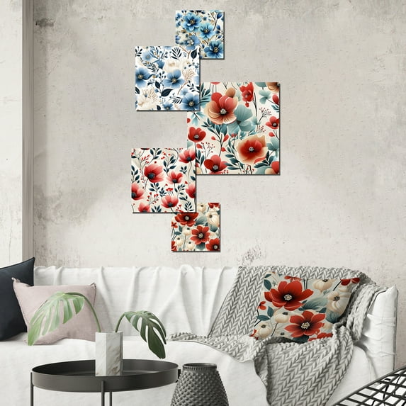 Designart "Oceanic Blue Floral Refinement" Floral Wall Art Set Of 5 - Blue Cottage Living Room Metal Art Set