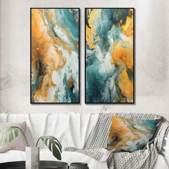 Designart "Oceanic Harmony Turquoise Waves Abstract II" Abstract Painting Framed Wall Art Set Of 2 - Modern Gold Gallery Wall Frame Set For Home Decor