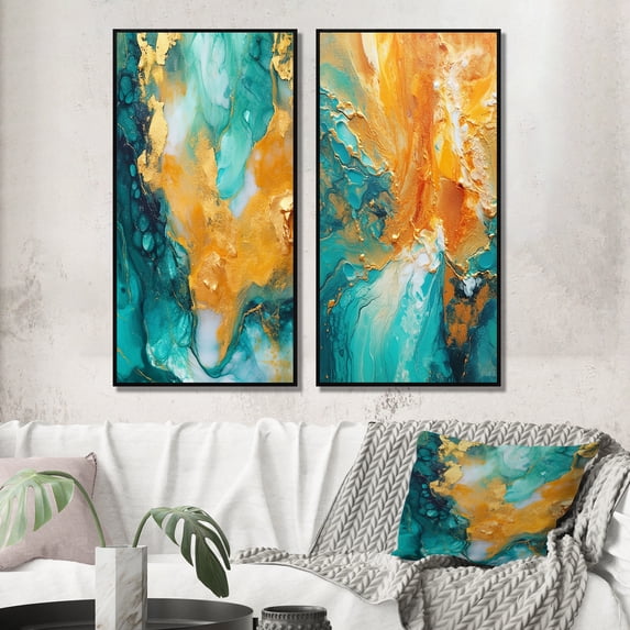Designart "Oceanic Harmony Turquoise Waves Abstract III" Abstract Painting Framed Wall Art Set Of 2 - Modern Gold Framed Canvas Set For Living Room Decor