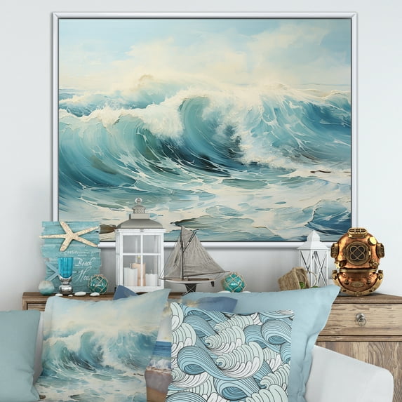 Designart "Oceanic Storm In Watercolor" Coastal Ocean Floater Framed Canvas Wall Art