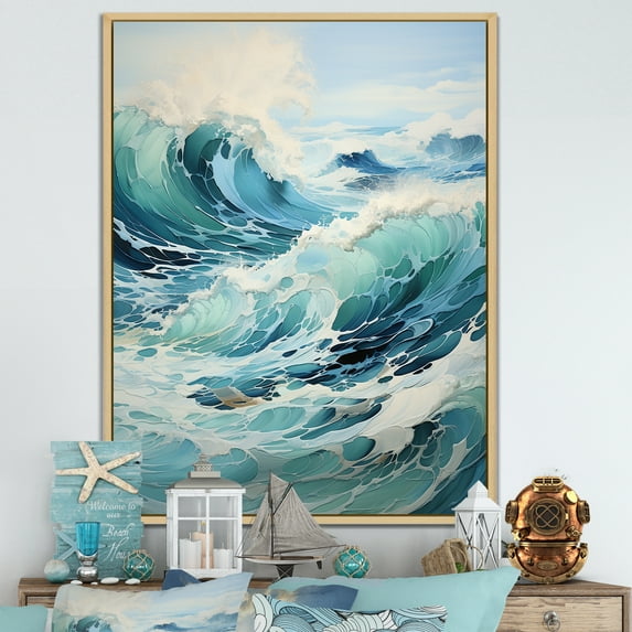 Designart "Oceanic Storm In Watercolor II" Coastal Ocean Floater Framed Canvas Wall Art