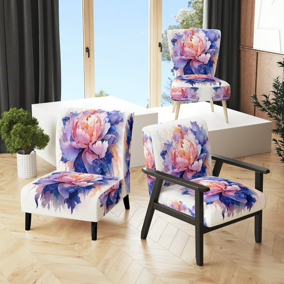 Designart "Oceanic Tints Coral Blue Peony" Coral Floral Upholstered Accent Chair - Traditional Arm Chair For Bedroom