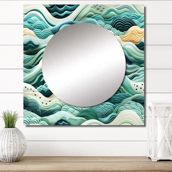 Designart "Oceanic Wave Chevron" Coastal Square Mirror For Wall Decor - Large Green Square Printed Wall Mirror Art - Square Coastal Mirror - Wall Mounted Square Large Mirror