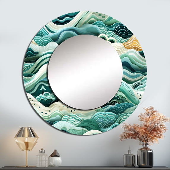 Designart "Oceanic Wave Chevron" Graphic Print Round Mirror Wall Decor Coastal - Large Green Round Bathroom Mirror - Round Mirror - 29" x 29"