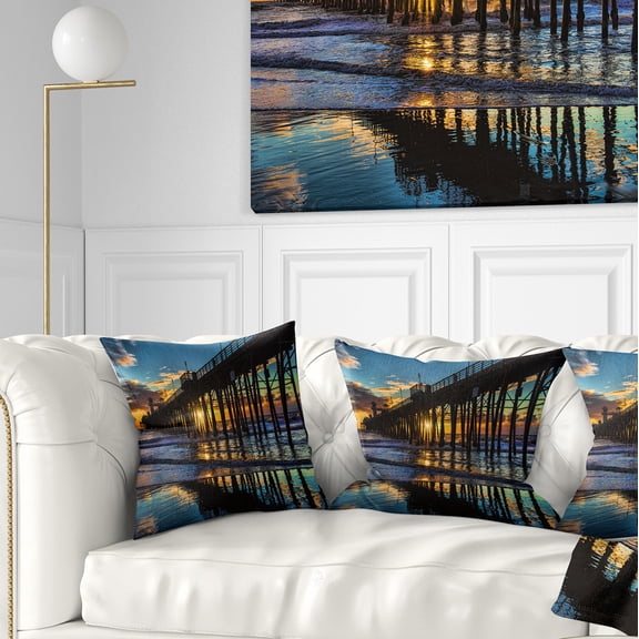 Designart Oceanside Pier at Evening - Landscape Photography Throw Pillow - 16x16