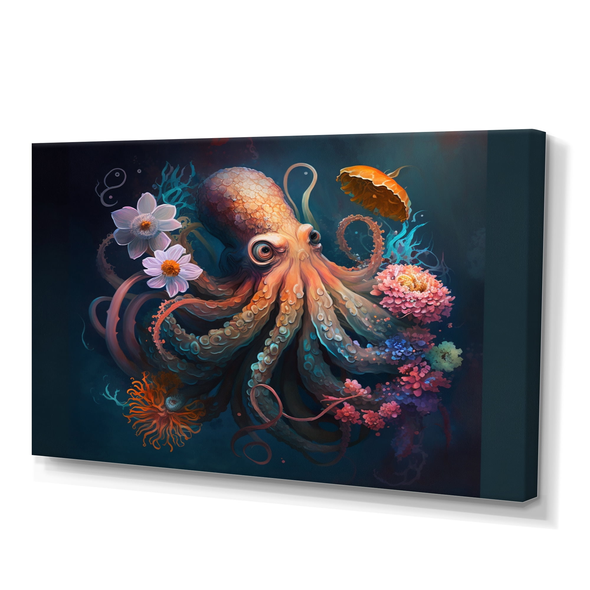 Designart Octopus In The Ocean With Flowers II Canvas Wall Art