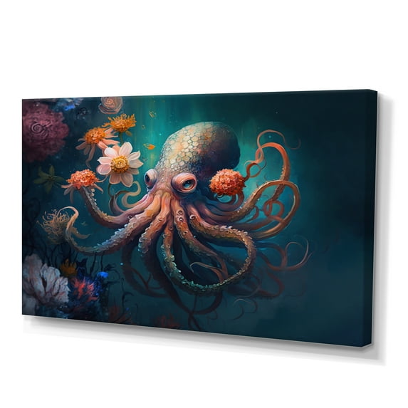Designart Octopus In The Ocean With Flowers III Canvas Wall Art