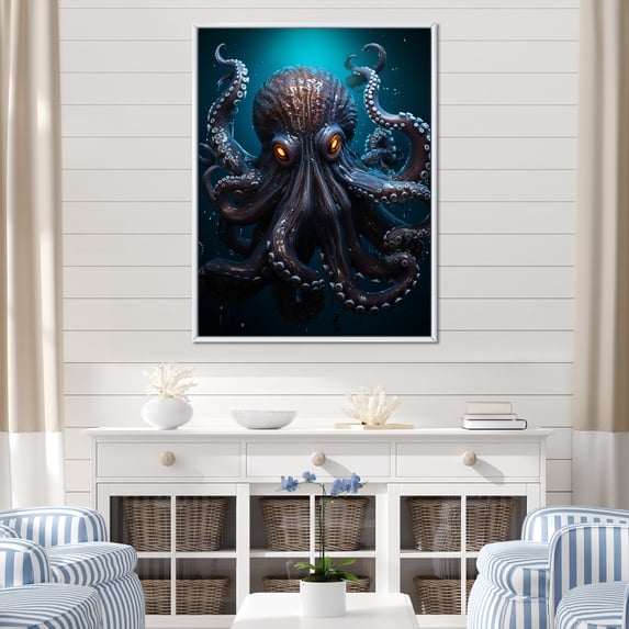 Designart "Octopus Transformed Into A Superhero Warrior I" Octopus/Squid Floater Framed Canvas Art Print