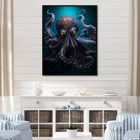 Designart "Octopus Transformed Into A Superhero Warrior I" Octopus/Squid Floater Framed Canvas Art Print