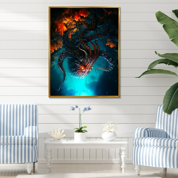 Designart "Octopus Transformed Into A Superhero Warrior" Octopus/Squid Floater Framed Wall Decor