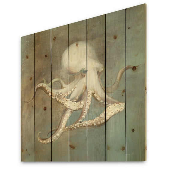 Designart 'Octopus Treasures from the Sea' Nautical & Coastal Print on Natural Pine Wood