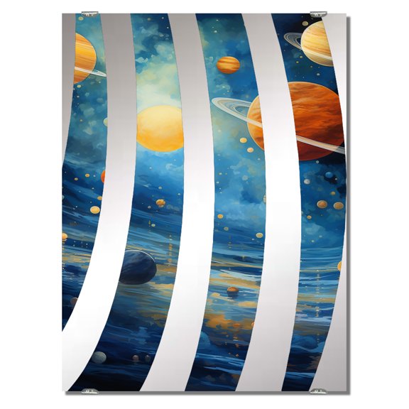 Designart "Odyssey of Blue and Orange Planets I" Planets Oversized Wall Mirror - Global Fantasy Bathroom Decorative Wall Mirror - Multiple Color Options