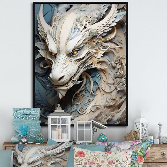 Designart "Odyssey Of Blue And Grey Dragon I" Dragons Floater Framed Wall Decor