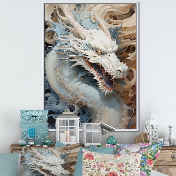 Designart "Odyssey Of Blue And Grey Dragon II" Dragons Floater Framed Canvas Art Print