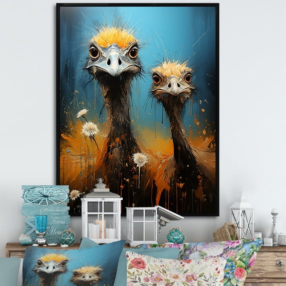 Designart "Odyssey Of Ostriches In Portrait I" Ostriches Floater Framed Wall Art Living Room