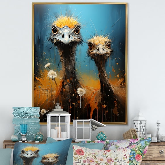 Designart "Odyssey Of Ostriches In Portrait I" Ostriches Floater Framed Wall Art Living Room