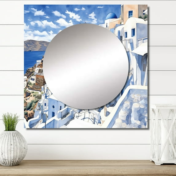 Designart "Odyssey in Santorini I" Greece Square Mirror Wall Decor Country - Large White Square Bathroom Mirror - Square Printed Wall Mirror Art