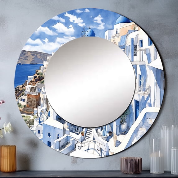 Designart "Odyssey in Santorini I" Greece White Large Round Mirror - Round Bedroom Mirror Wall Decor - Country Round Printed Mirror - 29" x 29"