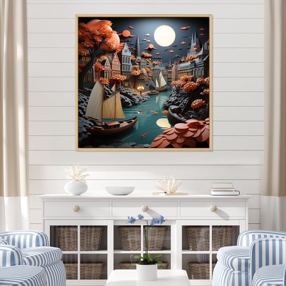 Designart "Of Adventure Port Port wall art II" Port Landscape Floater Framed Canvas Wall Art