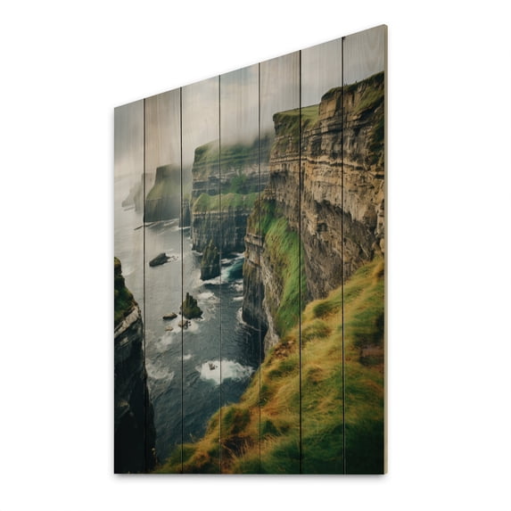 Designart "Of Moher Ireland Cliffs wall art I" Nautical & Beach Print on Natural Pine Wood