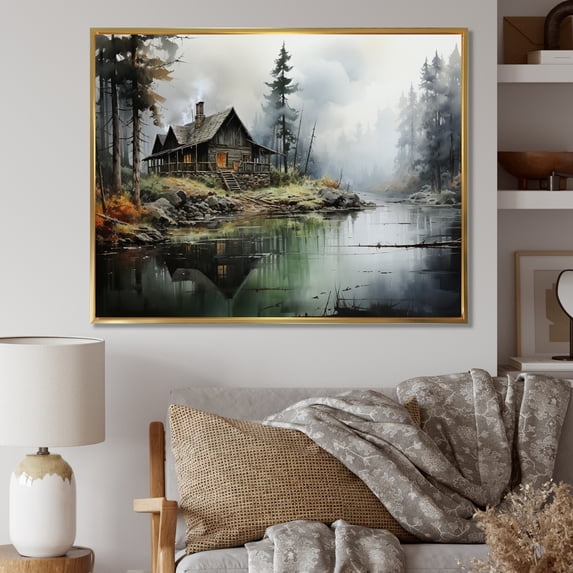 Designart "Of Serenity Lakehouse Shades wall art III" Landscapes Floater Framed Canvas Print